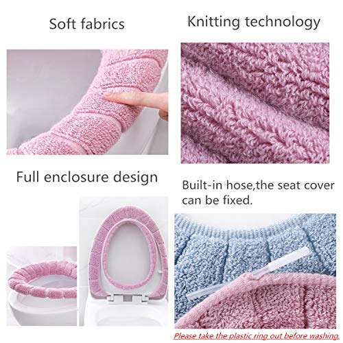 Cushioned Toilet Seat Cover Pads Bathroom Soft Fibers Thicker Warmer Stretchable Washable Lid Covers 2Pcs (Blue+Pink)