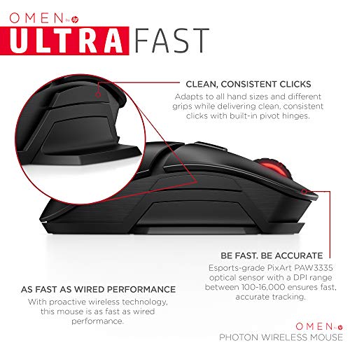 OMEN by HP Photon Wireless Gaming Mouse with Qi Wireless Charging, Programmable Buttons, Custom RGB, E-Sport DPI (6CL96AA)