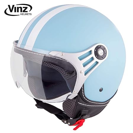 Vinz Rollerhelm Jethelm Fashionhelm | Roller Jet Helm mit Streifen | in Gr. XS-XL | Motorradhelm mit Visier | ECE zertifiziert (S, Hellblau)