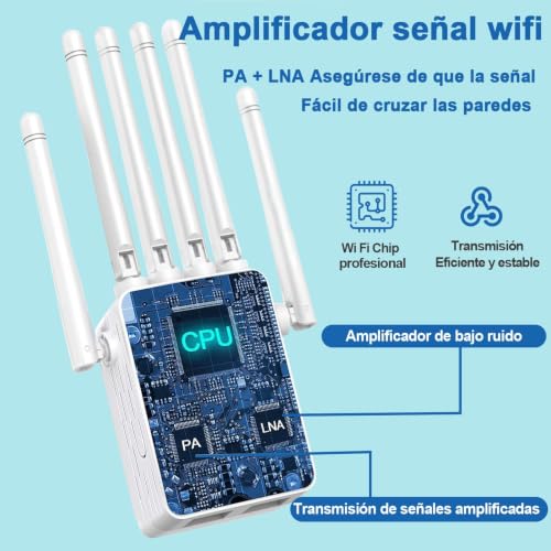 Amplificador Señal WiFi 5G /2.4G Repetidor WiFi Largo Alcance Doble Banda WiFi Extender con 6 Antenas de Alta Ganancia, Puerto LAN, Extensor de WiFi para casa y Oficina,Fácil de Instalar
