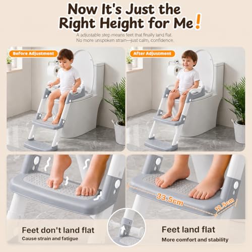 Adaptador Wc Niños - Reductor Wc Niños - Pedal Ampliado y Antideslizante | Fácil de Montar y Guardar | Altura Ajustable | Protector Antisalpicaduras | Asa | para Niños Niñas en el Baño - Gris