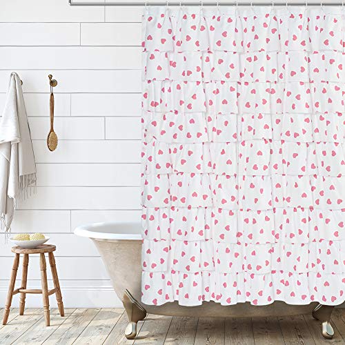 REISEN Pink Ruffle Shower Curtain - Farmhouse Style Sheer Fabric, 72x72 Inches, 10 Layers Ruffles, 12 Metal Grommets, Boho Bathroom Decor