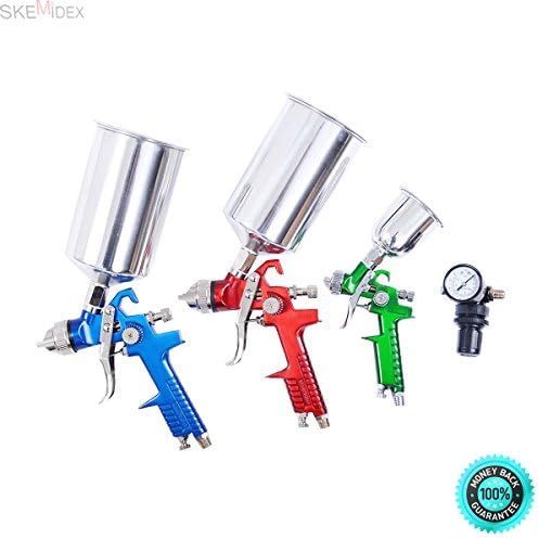SKEMiDEX---3 HVLP Air Spray Gun Kit Auto Paint Car Primer Detail Basecoat Clearcoat. 3PC HVLP High Volume Low Pressure AIR Gravity Feed Spray Gun + Gauge + Water Oil Separator
