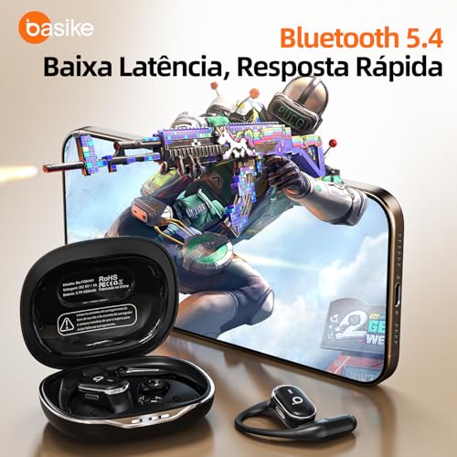 Fone De Ouvido Bluetooth Esportes, Basike T6, IPX5/OWS Fone de Ouvido Estéreo Hi-Fi, Suporta Chamadas de Voz, 60 Horas em Standby Para Corrida e Exercícios ao Ar Livre (Preto)