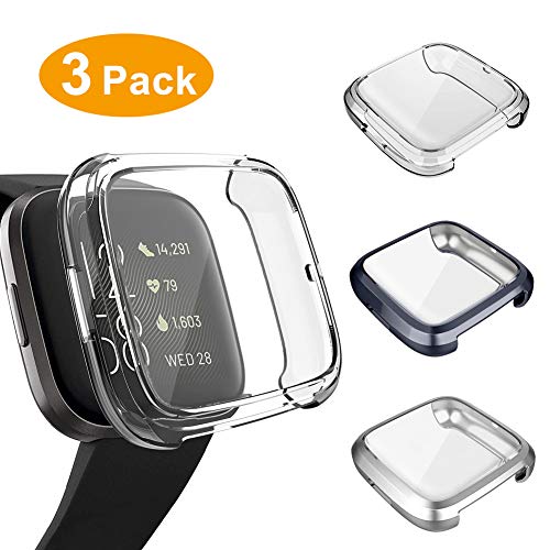 3 Pack Screen Protector Compatible Fitbit Versa 2 Case, GHIJKL Ultra-Thin Slim Soft TPU Protective Case All-Around Full Cover Bumper Shell for Fitbit Versa 2 Smart Watch, Clear, Gray, Silver