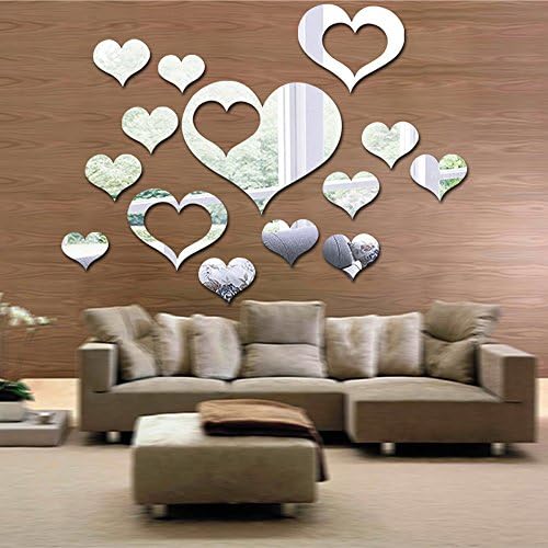ANEBEST 1Set 14Pcs 3D Silver Acrylic Heart-shaped Mirror Wall Stickers Plastic Removable Heart Art Decor Wall Poster Living Room Sofa TV Background Home Decoration