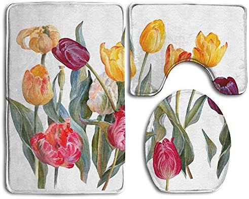 HanSmallT Colorful Tulips Isolated On White Background Floral Botanical White Non Slip 3 Piece Bathroom Carpet Pedestal Rug + Lid Toilet Cover + Bath Mat Customized Artwork Print