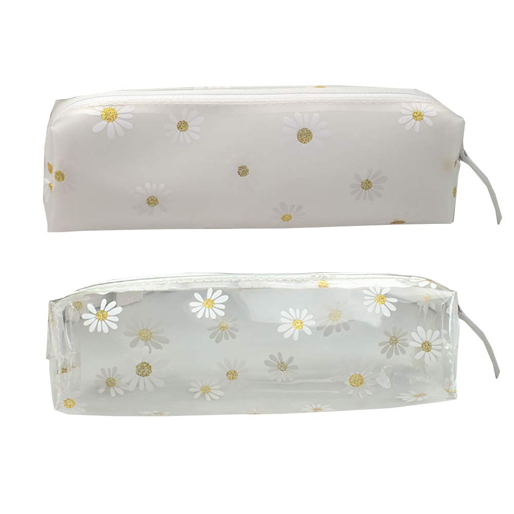 FSSTUD 2 PCS Clear Plastic Daisy Pencil Case Bag Stationery Pouch Makeup Bag Pencil Organizer for School Office
