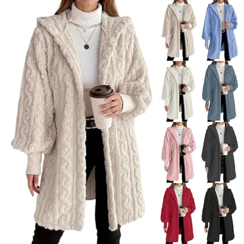 Womens Fuzzy Fleece Coat Double Faced Hooded Fleece Jacket Women Winter Warm Ladies Chunky Cardigans Solid Color Longline Winter Jackets Long Sleeve Loose Fit Oversized Hoodie Casual Plush Jacket