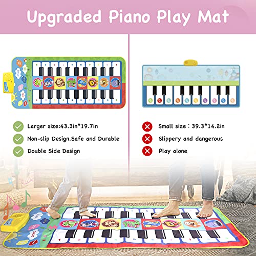 Kavaikid Piano Mat for Kids, Musical Keyboard Dance Blanket Mat, 8 Musical Instruments 5 Play Modes, Animal Theme Educational Toy for Birthday and Christmas(44.1x19.7in)