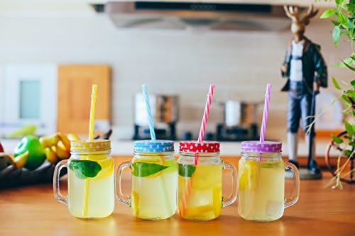 JingleBells 16oz/450ml Glass Mason(with Handle) Jar Drinking Bottle Juice Jar with Metal Lid&amp; Plastic Straw ,Set of 4 Color