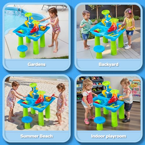 Warmiehomy Sand and Water Table for Toddlers 3-5, Kids Outdoor Play Table with Stool, 4 in 1 Activity Sensory Tables, Accessories Summer Backyard Outdoor Beach Toy for Boys Girls Age 3 4 5