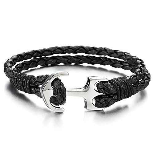 COOLSTEELANDBEYOND Mens Women Marine Anchor Wrap Bracelet Wristband, Double-Lap Black Braided Leather, Nautical Sailor