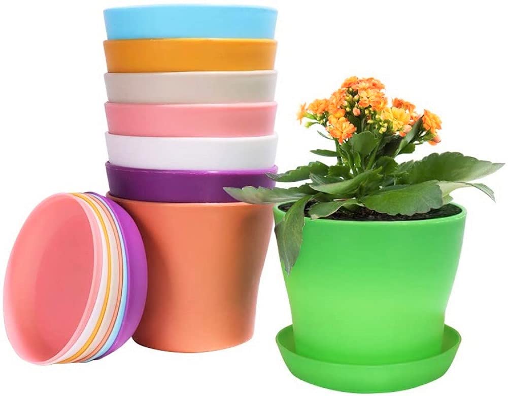 KAHEIGN 8Pcs 14CM Colorful Plastic Plant Pots, 8 Colors Plant Container Indoor Flower Pots with Pallet Trays for Office House (14cm x 12cm)