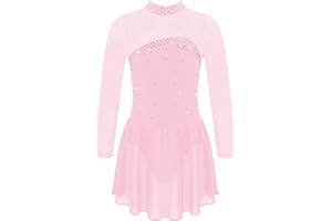 FEESHOW Youth Girls Shiny Rhinestones Mesh Long Sleeves Figure Ice Skating Ballet Dance Leotard Gymnastic Dress