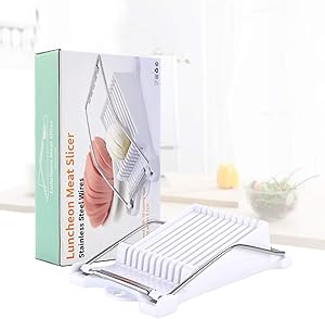 Zeakone Luncheon Meat Slicer, Stainless Steel Wires, Boiled Egg Fruit Slicer Soft Food Cheese Sushi Cutter Canned Meat Cutting Machine with 10 Singing Cutting Wires (White)