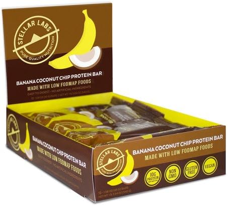 Stellar Labs Banana Coconut Chip Protein Bar, Non-GMO, Gluten Free, Vegan, No Sugar Alcohols, Made with Low-FODMAP Ingredients, 1.83oz, Pack of 12