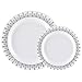 60PCS Heavyweight White with Silver Rim Wedding Party Plastic Plates,Disposable Plastic Plates,30-10.25inch Dinner Plates and 30-7.5inch Salad Plates -WDF (White/Silver Forest)