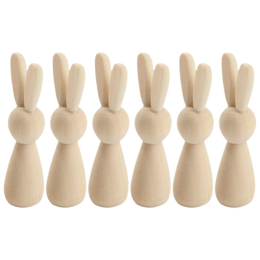 STOBOK Easter Wood Rabbit 6pcs Unfinished Wooden Bunny Blank Painting Rabbit Figurines DIY Wood Animals Puppets Craft Easter Tabletop Decoration Craft Dolls