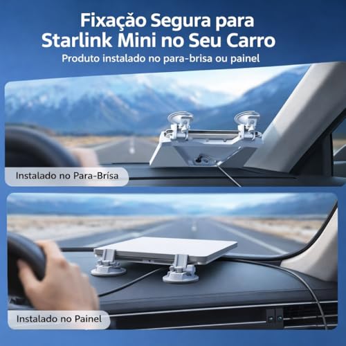 Suporte Starlink Mini para Carro Painel e Para-brisa com Ventosa Alta Sucção, Fixação Estável Antivibração, Compatível com Veículos, Posicionamento Seguro sem Obstrução, Material Resistente