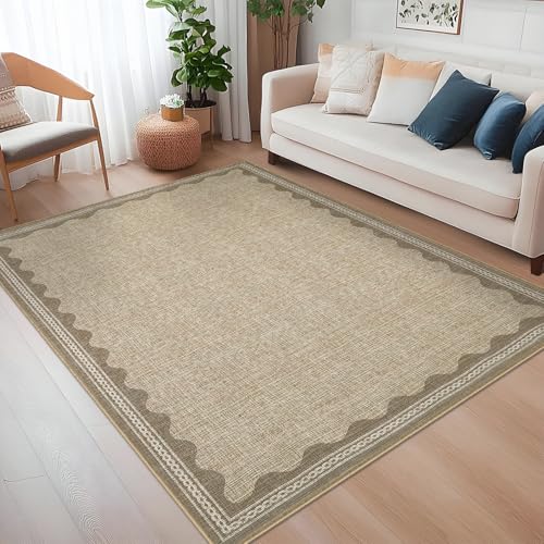 GlowSol Washable 9x12 Scalloped Living Room Rug Large Modern Solid Natural Acce…