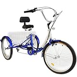 Happybuy 24 Inch Adult Tricycle Series 7 Speed 3 Wheel Bike Adult Tricycle Trike Cruise Bike Large Size Basket for Recreation, Shopping,Exercise Men's Women's Bike (Blue)