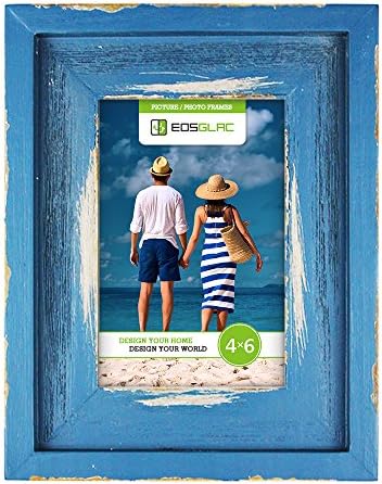 EosGlac Wooden Photo Picture Frame 4 x 6 inch Country Rustic, Distressed Vintage (Blue)