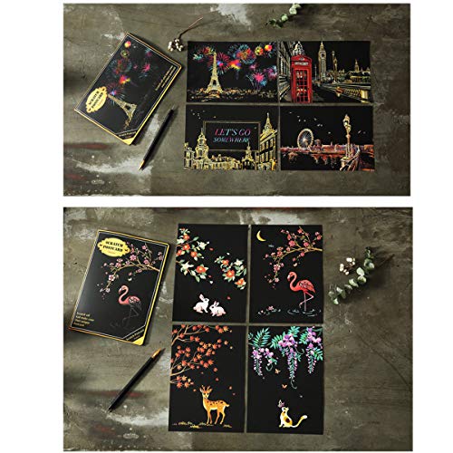 IFfree DIY Night View Scratchboard Scratch Art Paper with Release Pressure to Release Pressure (Dream Castle) (Building and Animal)