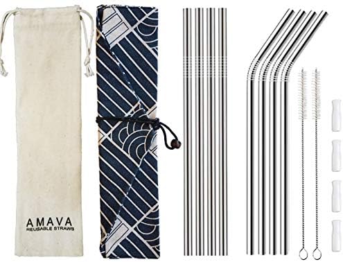 Reusable Straws Set, Stainless Steel Metal with Silicone Tips, Silver, Includes 8 Straws, Silicone Straw Tips + 2 Cleaning Brushes, and 2 Travel Pouches, Draw String Bag and Wrap Bag by AMAVA