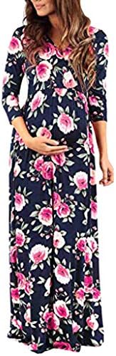 Women's Floral Print Ruch 3/4 Sleeve V Neck Long Maxi Maternity Dress