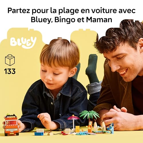 Bluey: Bluey's Beach & Family Car Trip Toy with 3 Minifigures INCL. Bingo & Chilli, Plus 2 Surfboards, a Sand Castle & Fun Accessories - Birthday Gift for 4+ Year Old Girls & Boys - 11202
