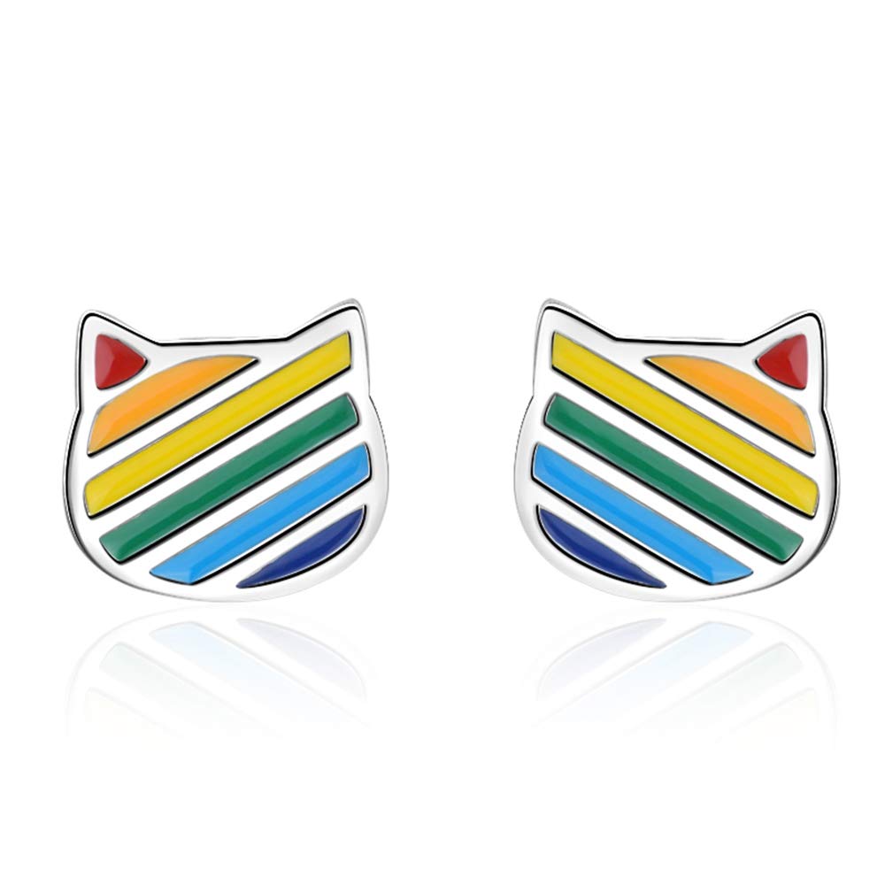 QIAMNI 925 Sterling Silver Rainbow Cat Stud Earrings for Women Girls Tiny Cute Simple Dainty Jewellery Birthday Gift