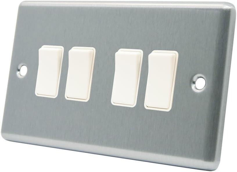 AET CSC4GSWIWH 10 A 4-Gang 2-Way Satin Finish Chrome Classical White Insert Plastic Rocker Light Switch