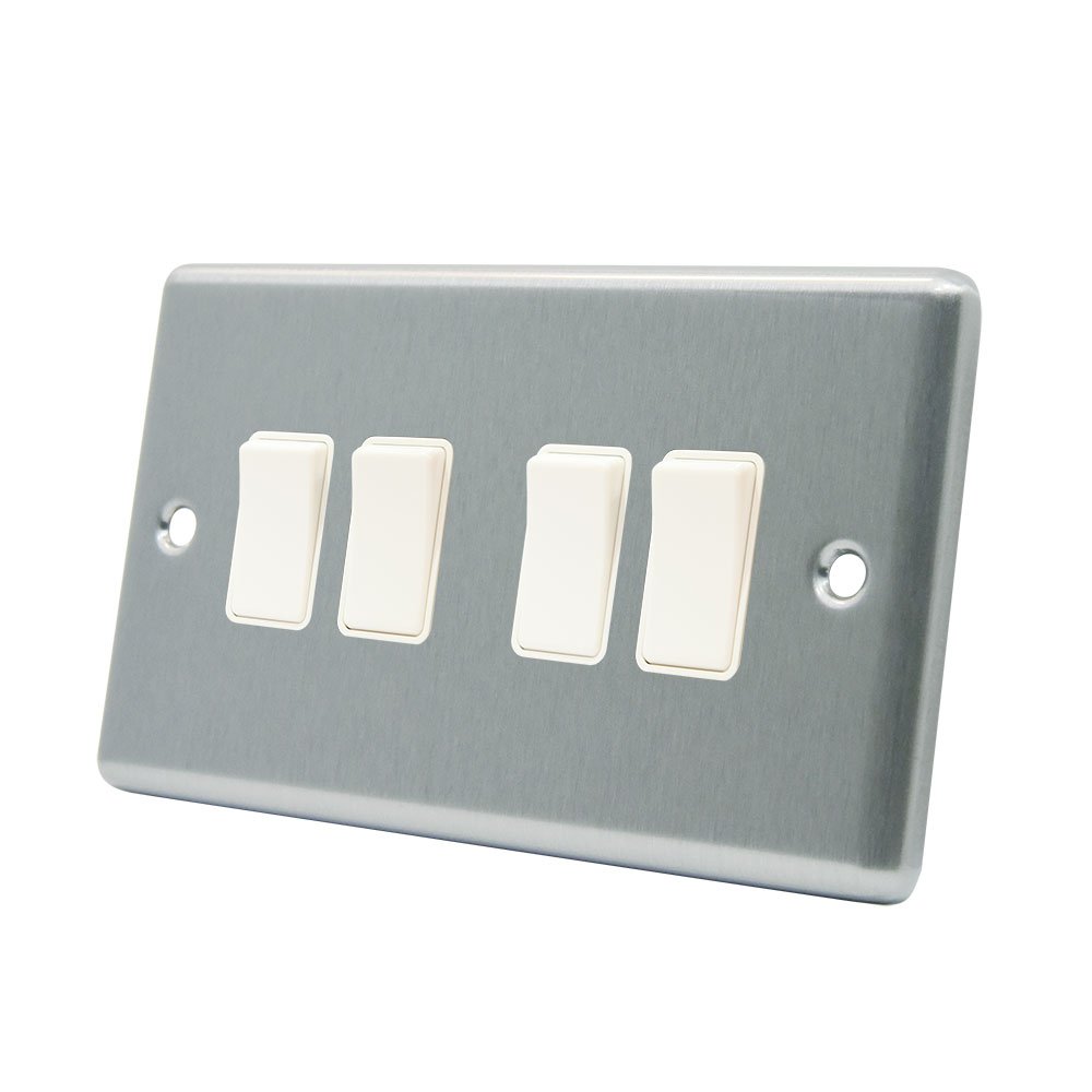 AET CSC4GSWIWH 10 A 4-Gang 2-Way Satin Finish Chrome Classical White Insert Plastic Rocker Light Switch