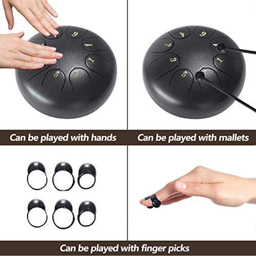 ZHRUNS Steel Tongue Drum - 8 tones 6 Inches-Percussion Instrument -Handpan Drum with Bag, Mallets, Finger Picks, Notes Stickers for Personal Meditation, Yoga, Zen (Black) - Thumbnail 2