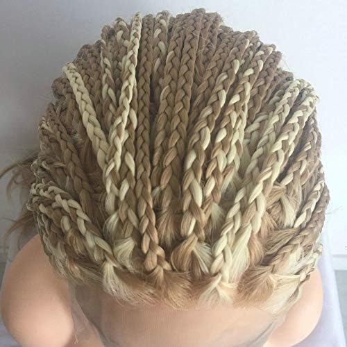 Natural Hairline Blonde Box Braided Afro America Synthetic Hair Brown Blonde Streak Handmade Braids Synthetic Lace Front Wigs for Women Daily Cosplay Party Drag Queen Wigs 28 inches