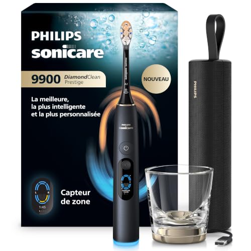 Philips Sonicare DiamondClean 9900 Prestige nouvelle génération – brosse à dents électrique avec SenseIQ, capteur de zone, capteur de pression, 24 réglages, coloris noir quartz, modèle HX9813/92