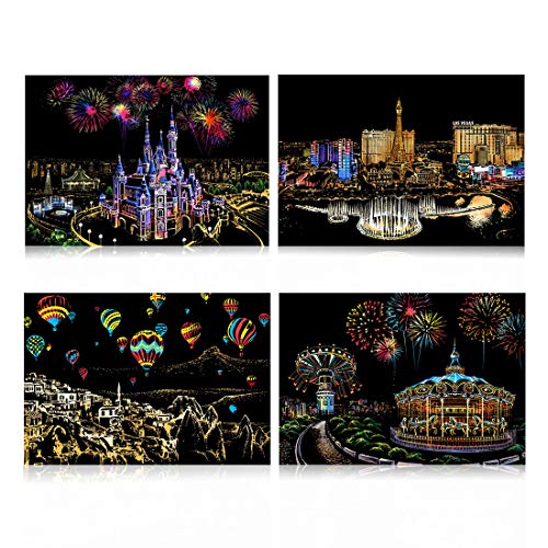 Scratch Paper Rainbow Painting Sketch Pads DIY Art Craft Night View Scratchboard for Adults and Kids - 4 Packs, 16 X 11.2 Inches