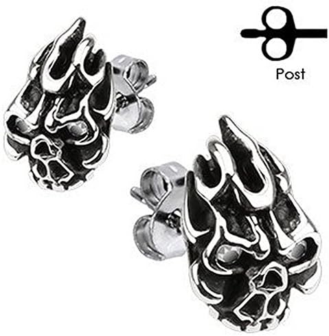 Pair of Surgical Steel Stud Earrings w/ Flaming Demon Skull