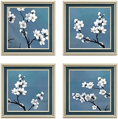 Dzhan Home Decorations Blue Flower Oil Painting, Wall Art Canvas Prints Flower Framed on Stretched and Modern Abstract Paintings for Living Room Wall Decor 4 Pieces 16x16 Inch
