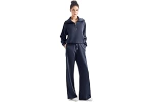 SUUKSESS Women 2 Piece Lounge Matching Set Wide Leg Sweatpant Half Zip Sweatshirt