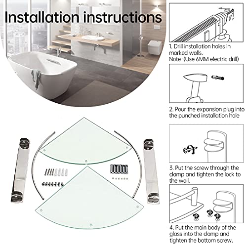 Bathroom Shelves,2 Tier Glass Shelves Wall Mounted with Stainless Steel Bracket,Corner Shower Shelf to Hold Seasoning Bottle/Liquid Soap/Shampoo Bottle(Radius: 9.8\'\')