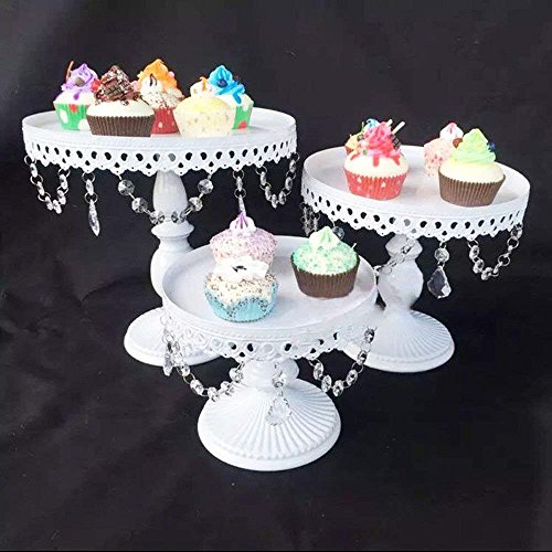 3 Set Metal Crystal Cake Holder Cupcake Stand Cake Dessert Holder with Pendants and Beads,Wedding Birthday Dessert Cupcake Pedestal Display,White (3)