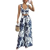 THLAI Summer Women 2 Piece Outfits Print V-Neck Cami Crop Top and Smocked Wide Leg Pants Set Vacation Outfits
