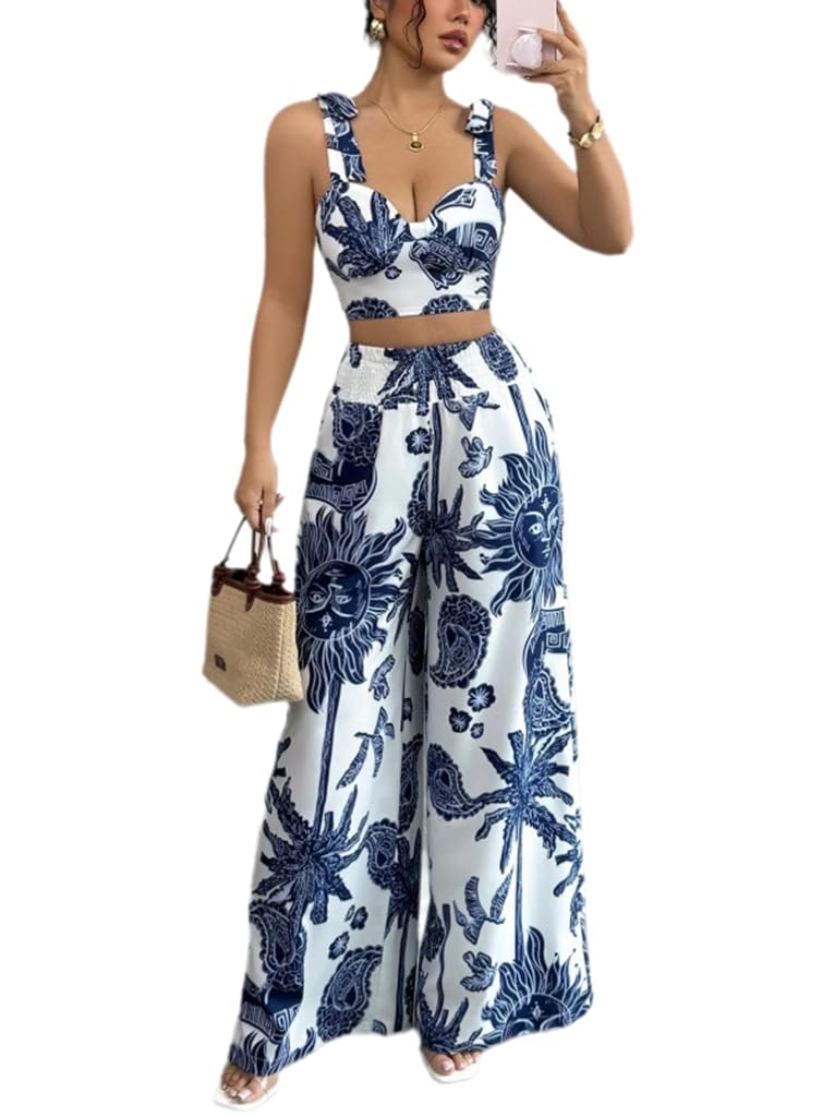 Photo 1 of **Bottom only** THLAI Summer Women 2 Piece Outfits Print V-Neck Cami Crop Top and Smocked Wide Leg Pants Set Vacation Outfits