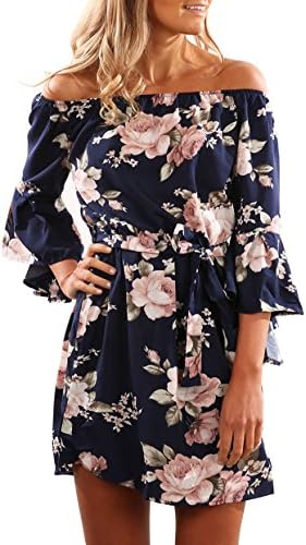 Yieune Summer Dress for Women Off Shoulder Beach Dress Long Sleeve Floral Mini Dress (Navy L)