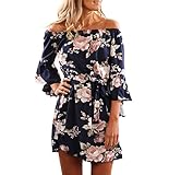 Yieune Summer Dress Off Shoulder Beach Dress Long Sleeve Floral Mini Dress (Dark Blue L)