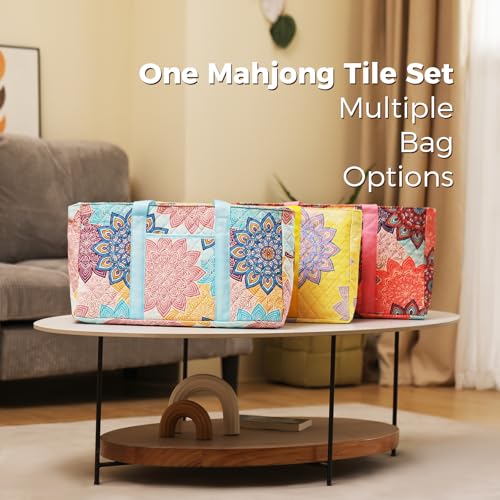 Kyerlish American Mahjong Tile Set with Printed Carrying Bag, 166 Premium Pink Tiles, 4 All-in-One Racks/Pushers and Accessories, Mahjong Set, Complete Mahjong Game Set for Travel,Gifts（Pink Flower）