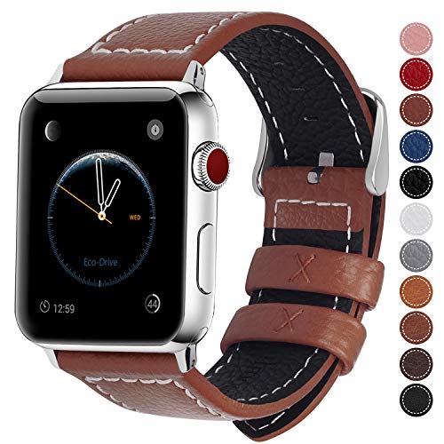 Fullmosa Compatible Watch Band 38mm 40mm 42mm 44mm Genuine Leather Watch Bands,42mm 44mm LichiBrown + Silver Buckle