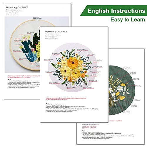 3 Pack Embroidery Starter Kit with Pattern and Instructions,Cross Stitch Set, Full Range of Stamped Embroidery Kits with 3 Embroidery Clothes with Plants Flowers Pattern, 1 Embroidery Hoops
